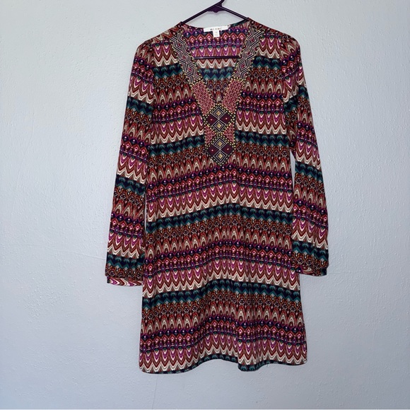 Miami Womens Multicolored Boho V-Neck Embroidered Puff Sleeve Shift Dress Sz M - Picture 1 of 10